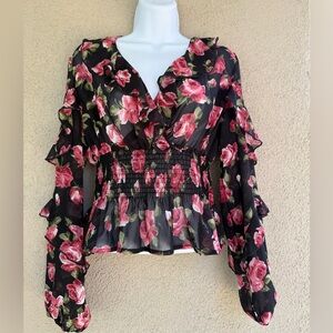 SHEIN Ruffled Black and Pink Long Sleeve Blouse